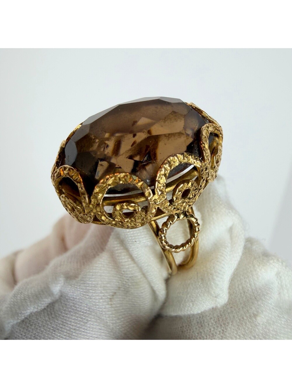 Vintage Italian 18k Yellow Gold Smoky Quartz Cocktail Ring Filigree Estate 750